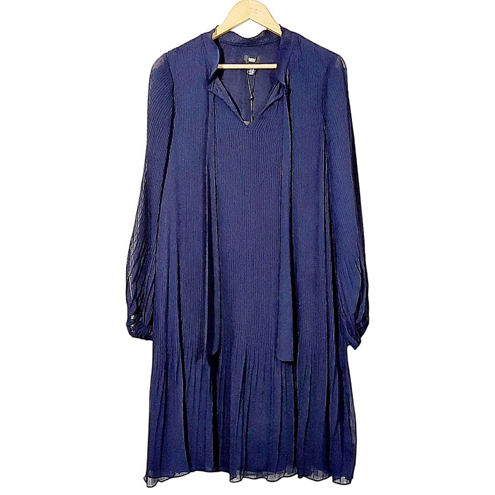 NWT Pleated Chiffon DKNY Dress XL Navy High Neck Wedding Guest/Church/Work - 14W - Picture 3 of 11